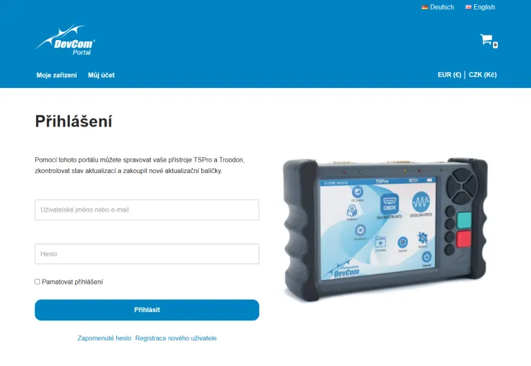 Přihlašovací obrazovka Portal DevCom